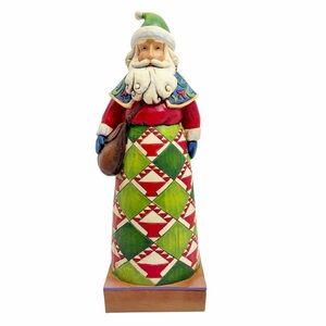 Jim Shore | Holiday Message Santa Figurine Red & Green Basket Quilt